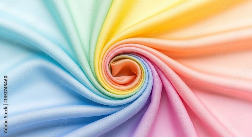 Poster abstract swirl of rainbow colored silk fabric, creating a vibrant and soft texture with a beautiful 