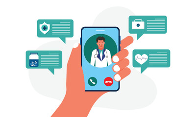 Online medicine concept. Human hand holding smartphone with video call to doctor