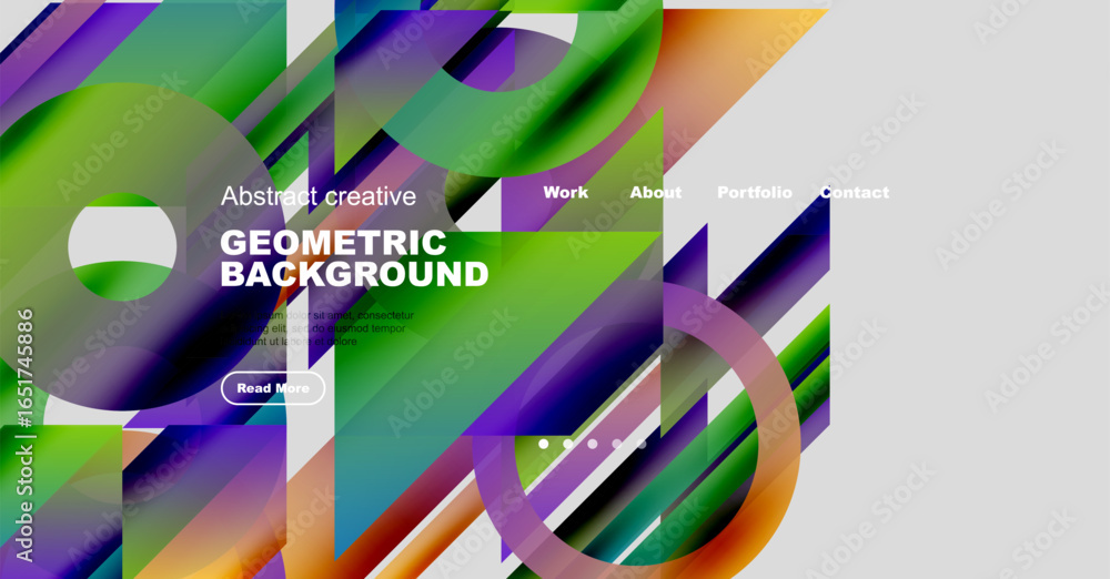 Poster vibrant abstract geometric design. website header features colorful shapes, text, navigation options