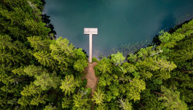 Aerial view of a T-shaped dock extending from a forested shoreline into a calm, dark-green lake