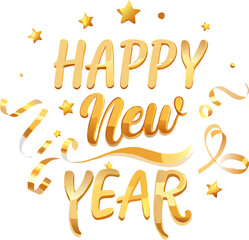 Golden Happy New Year 2026 typography vector with sparkling stars, ribbons, confetti and luxury festive decoration