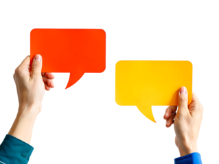 Hands holding orange and yellow speech bubbles isolated on a transparent background communication conversation
