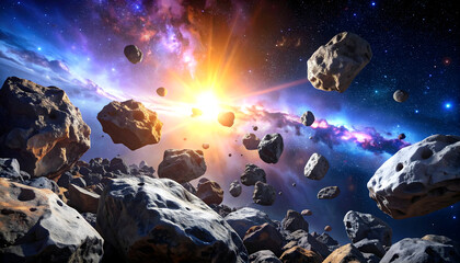Celestial Asteroid Field With Bright Sun In A Galaxy Background
