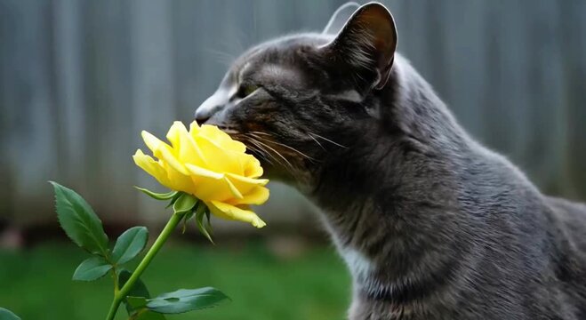 Gray cat smelling yellow rose in garden during daylight  