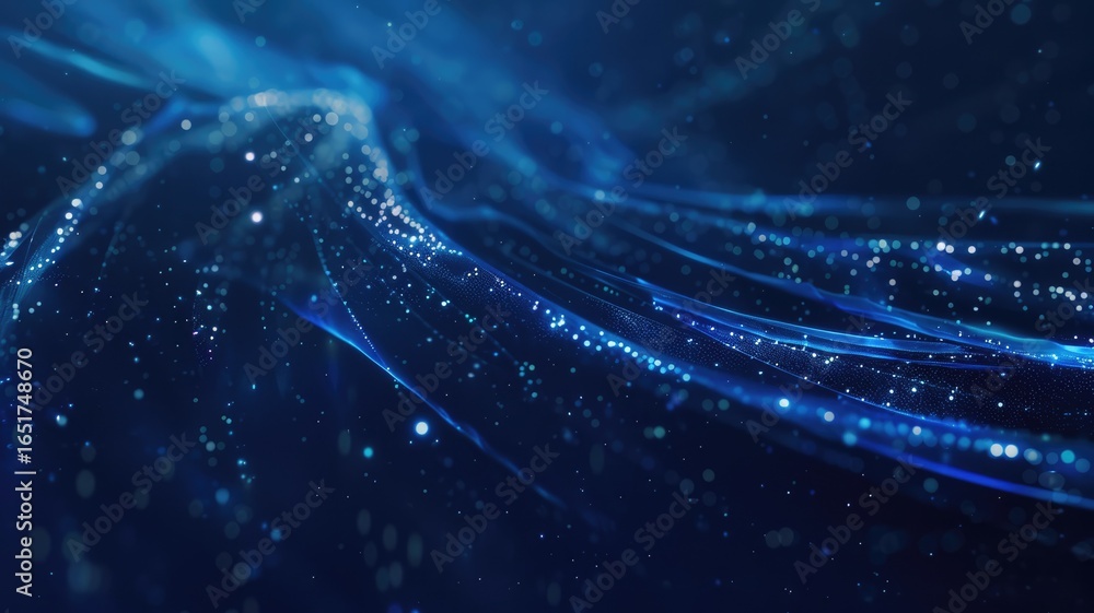 Poster abstract picture micro light sparkling particle represent data flow vivid flowing wave with high tec
