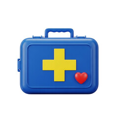 Obraz premium Blue medical first aid kit with yellow cross and red heart isolated on transparent background