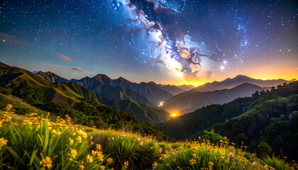 Panoramic View of Mountains Under a Starry Night Sky with Yellow Flowers and Glowing Horizon