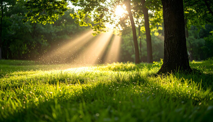 Sunlit Forest Scene Showcasing Green Grass With Sunshine Rays And Tree Trunks In Natural Environment