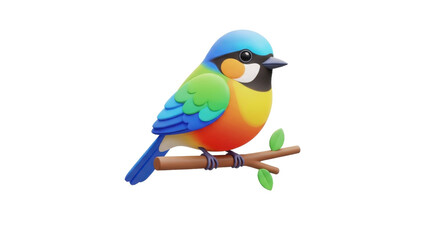 Colorful bird perched on a small branch with green leaves against a white background.