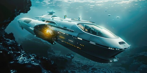 A futuristic research ship explores the ocean depths, with human scientists and AI submersibles working together. Equipped with advanced underwater exploration technology, the ship features AI
