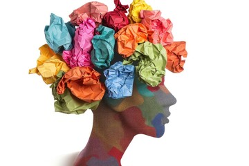 Colorful crumpled paper head profile, ideas, brainstorming, problem-solving, mental health