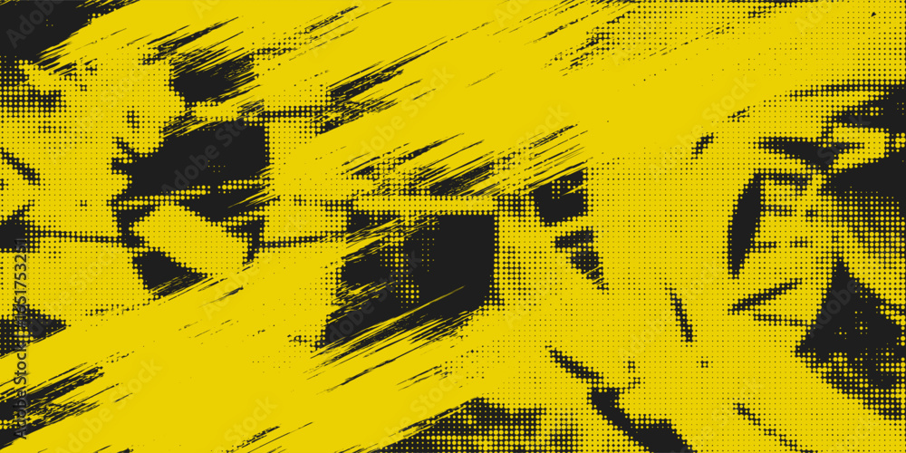Poster abstract geometric yellow frame grunge texture with halftone pattern design in black background