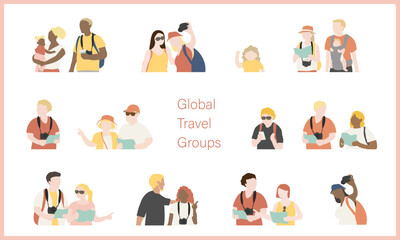 旅行を楽しむ人の上半身イラスト/Foreign Tourists Upper Body Set – Pink Tones