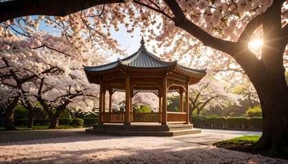 Obraz premium Wooden Gazebo Surrounded By Blooming Cherry Blossom Trees In A Picturesque Park Scene Sunlight Illuminates The Landscape