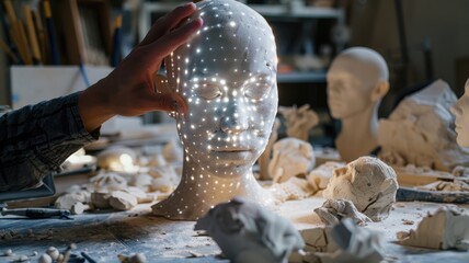 An AI assistant as a constellation of stars interacts with an astronomer, providing data and visualizations of the cosmos. Soft, ambient lighting creates a contemplative atmosphere. AIG60