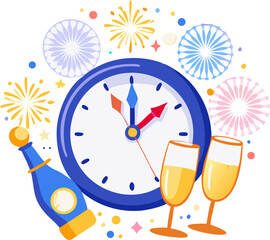New Year 2026 countdown clock vector with midnight fireworks, champagne, glowing lights and festive celebration
