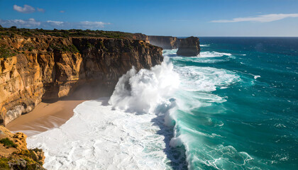 Fototapeta premium Coastal Cliffs Meeting Crashing Ocean Waves Under Blue Sky and Bright Sunlight