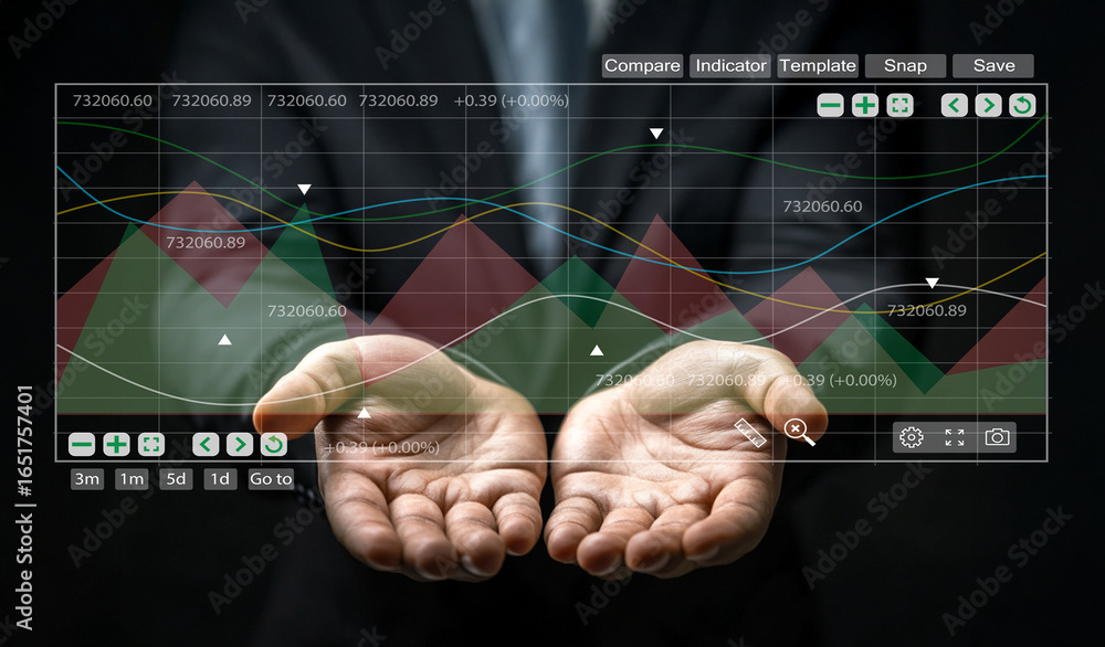 Poster businessman holding graphs and financial data analyses with charts and indicators for investment and