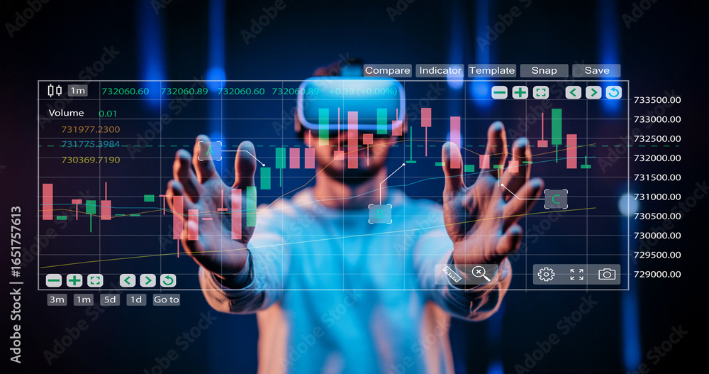 Poster virtual reality trading experience with stock market data displayed on transparent screen by user in