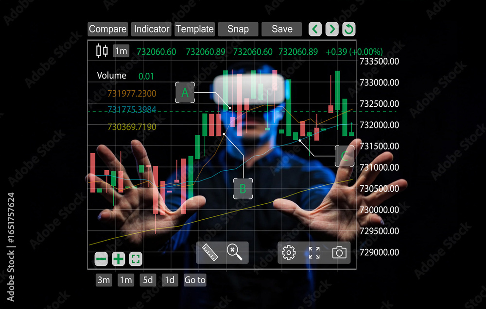 Poster person in virtual reality glasses interacting with financial data on a transparent screen in a dark 
