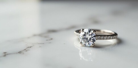 Single diamond engagement ring on polished marble background , image, bright, white