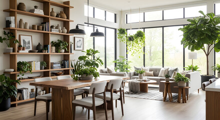 Fototapeta premium Captivating contemporary open-concept living space showcasing the finest in Modern Architecture & Interior Design, bathed in natural light with lush indoor plants.