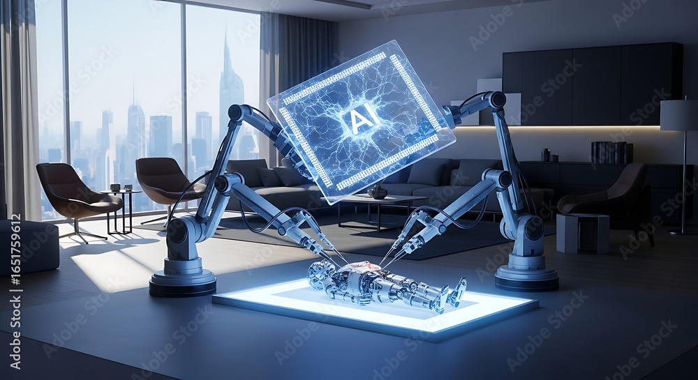 Poster robotic arms working on a humanoid robot under an ai interface in a modern apartment with city view