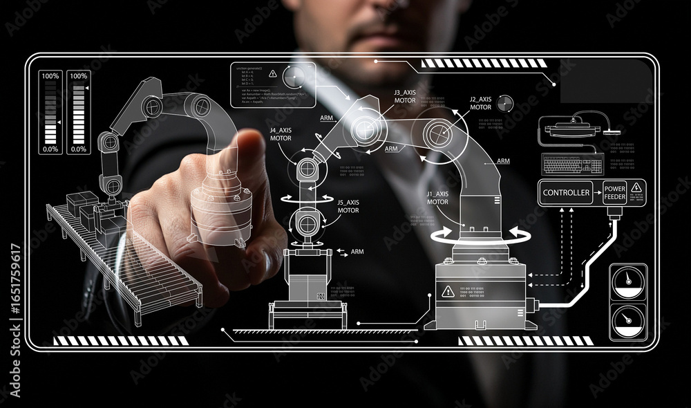 Poster advanced industrial technology: man interacting with robotic arm software interface, control systems