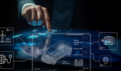 Innovative Technology in Electric Vehicle Design with Smart Interfaces Showcasing Battery Management and Power Electronics Systems