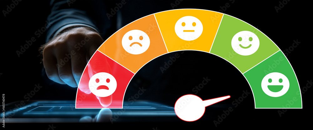 Aufkleber hand touching digital interface displaying emotions scale with indicators ranging from unhappy to ha