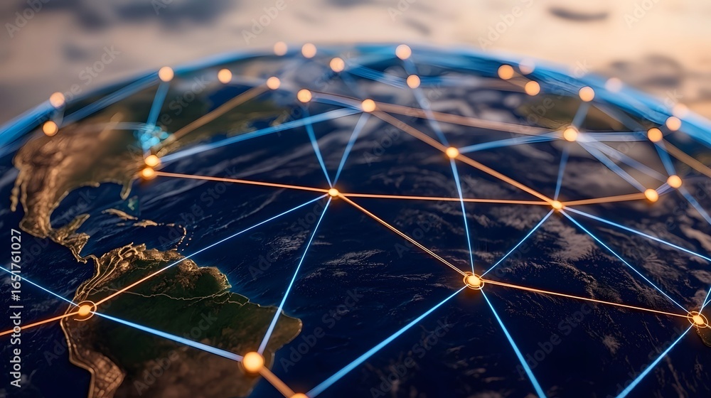Poster the image shows a digital representation of earth, overlaid with a network of glowing lines and node