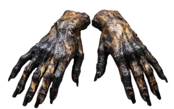 Creepy decaying hands with burnt fingers isolated on white background