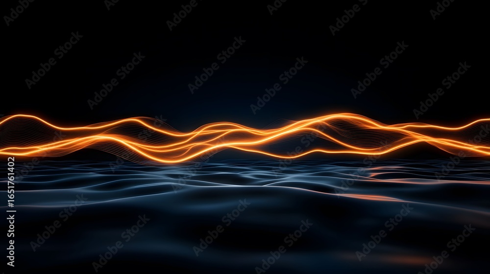 Fototapete the image shows a digital rendering of undulating blue waves under a set of bright orange, wave-like