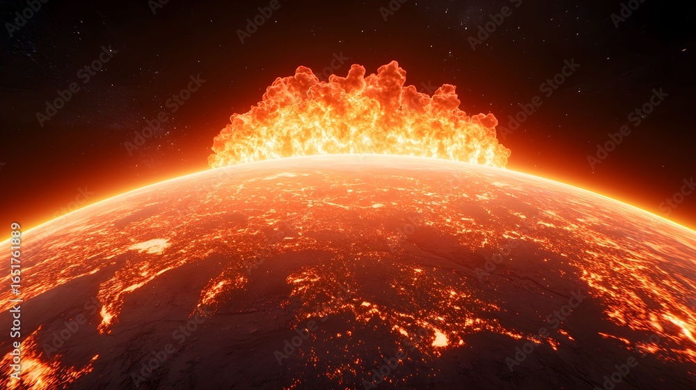 Poster the image showcases a fiery planet with a massive explosion on its horizon, set against a backdrop o