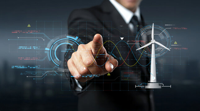 Businessman in Suit Interacting with Digital Interface Identifying Renewable Energy Solutions with Wind Turbine Graphic Overlay