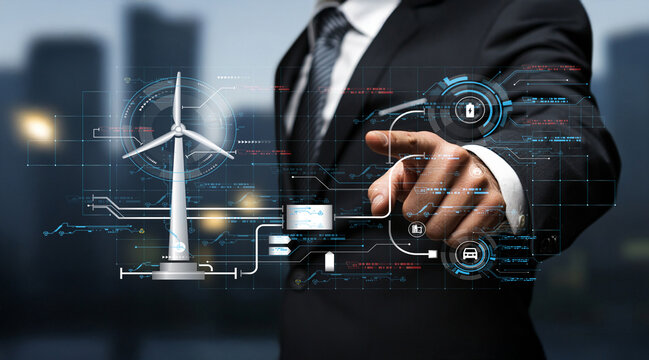 Businessman in Suit Interacting with Wind Turbine Technology and Digital Data Interface in Urban Setting