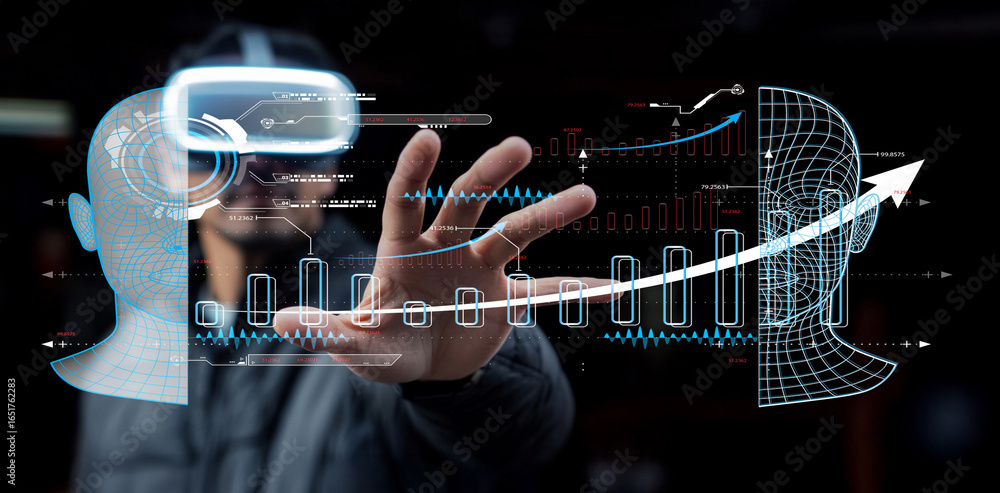 Poster futuristic technology concept with virtual reality interface and human interaction, showcasing data 