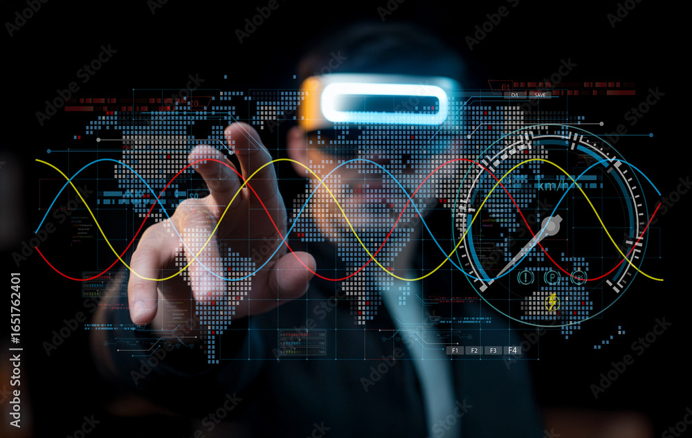 Poster futuristic technology concept featuring person with virtual reality goggles interacting with digital