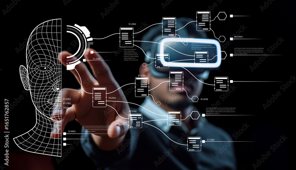 Poster human interaction with virtual reality technology representing advanced digital systems and futurist