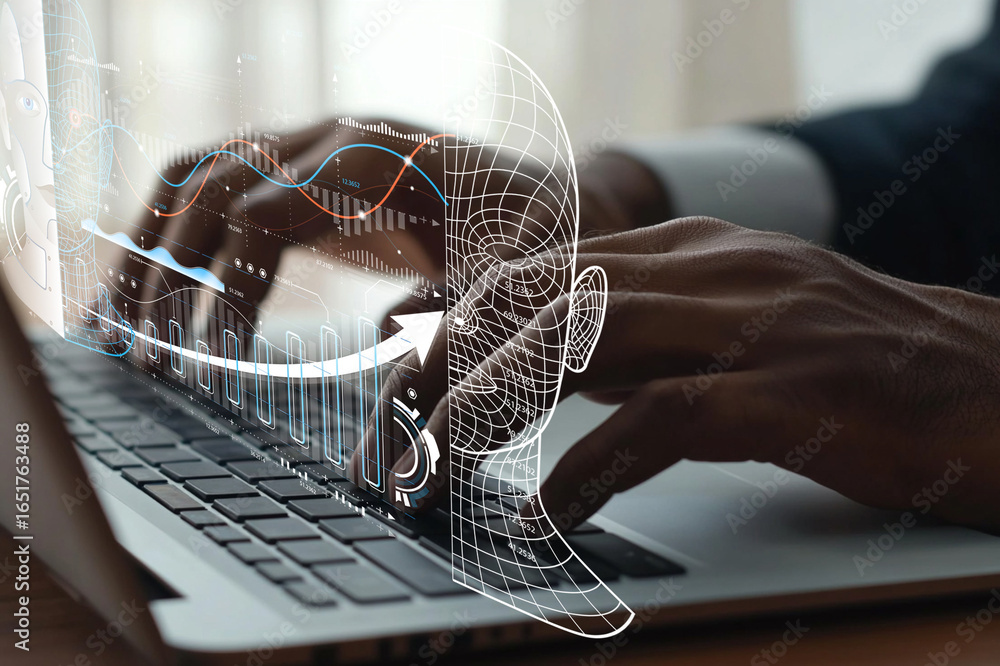 Poster human hands working on laptop with digital graphics of artificial intelligence and data analysis ove