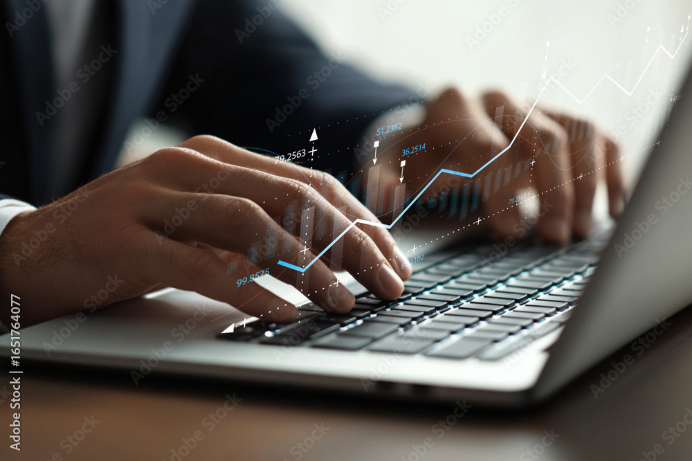 Poster business professional analyzing financial data on laptop with hands typing on keyboard and graphs ov