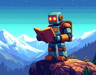 Pixelated robot reading a book on a mountaintop