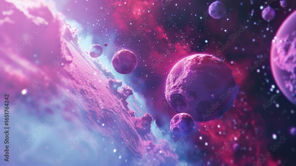 Poster abstract colorful meteorites with a glowing nebula background. abstract image of stone floating in t