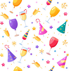 Seamless New Year 2026 pattern with champagne glasses, balloons, stars, streamers, confetti and festive symbols