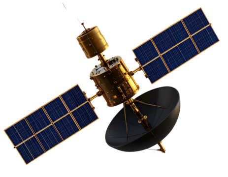 Express A Space Satellite Angled Side View, Rotating with Shadow Effect, Transparent PNG