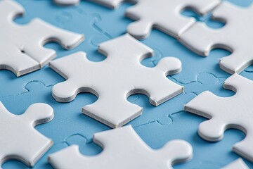 Fototapeta premium White Jigsaw Puzzle Pieces on Blue Background