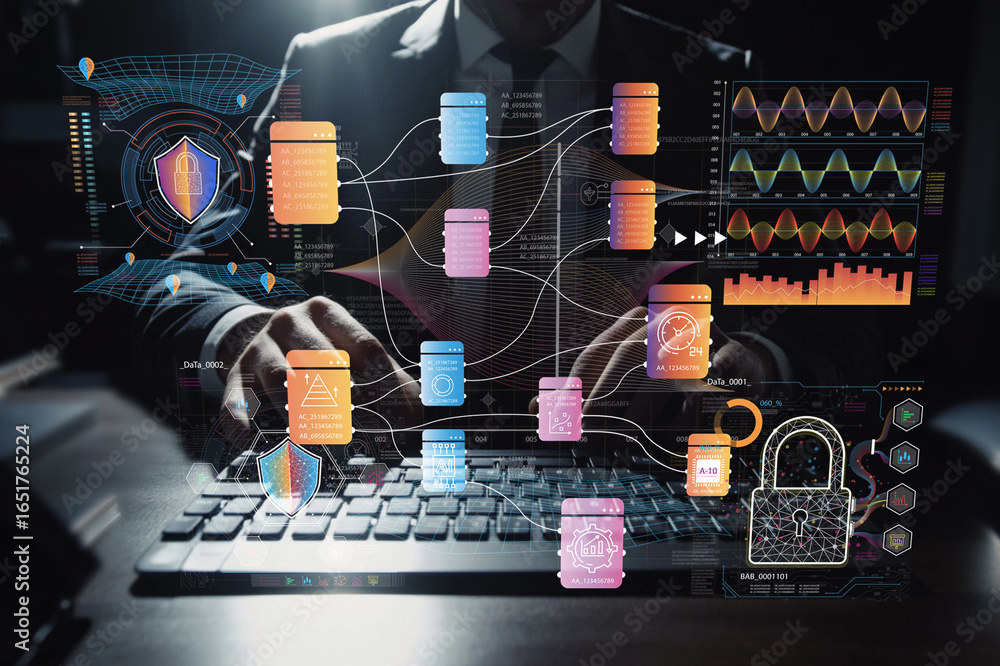 Poster business professional interacts with futuristic data graphics and analytics on digital screen, showc