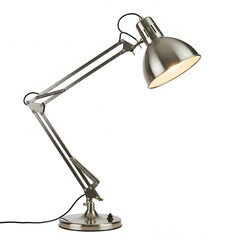 Articulated Brushed Metal Desk Lamp with Exposed Spring and Warm Light on White