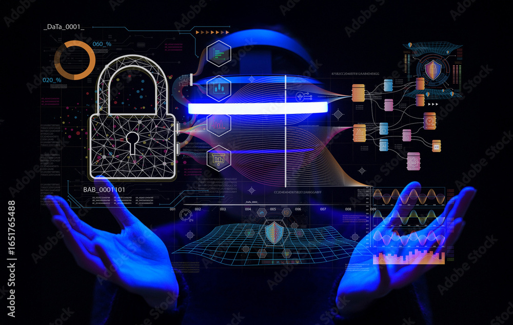 Poster hands reaching out to digital security interface with padlock and data visualizations illustrating c