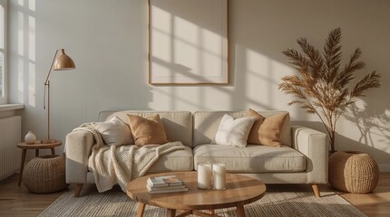 Minimalist living room with warm autumn sunlight, cozy sofa, knitted blanket, soft pillows, coffee table with candles and books, Scandinavian interior design, natural tones, high resolution photograph